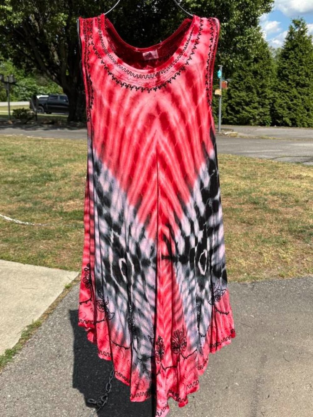 Red Tie-Dye Midi Dress with Gray/Black Accents.